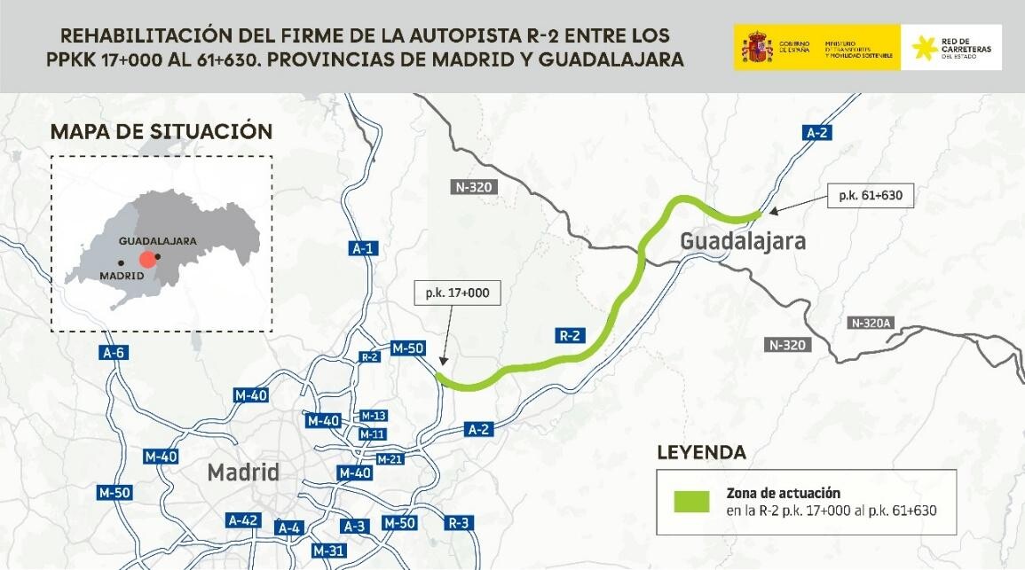 El Gobierno licita la rehabilitación de 45 km de la R-2 entre Torrejón y Taracena, afectando a Cabanillas del Campo