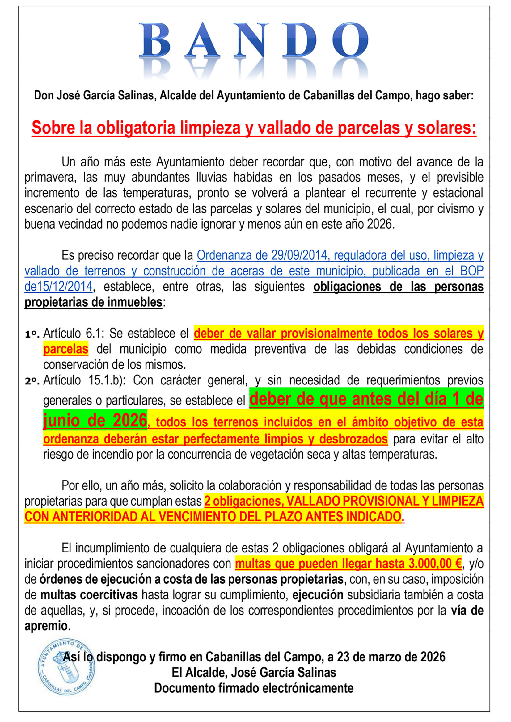 El Ayuntamiento de Cabanillas del Campo exige vallado y limpieza de parcelas antes del 1 de junio