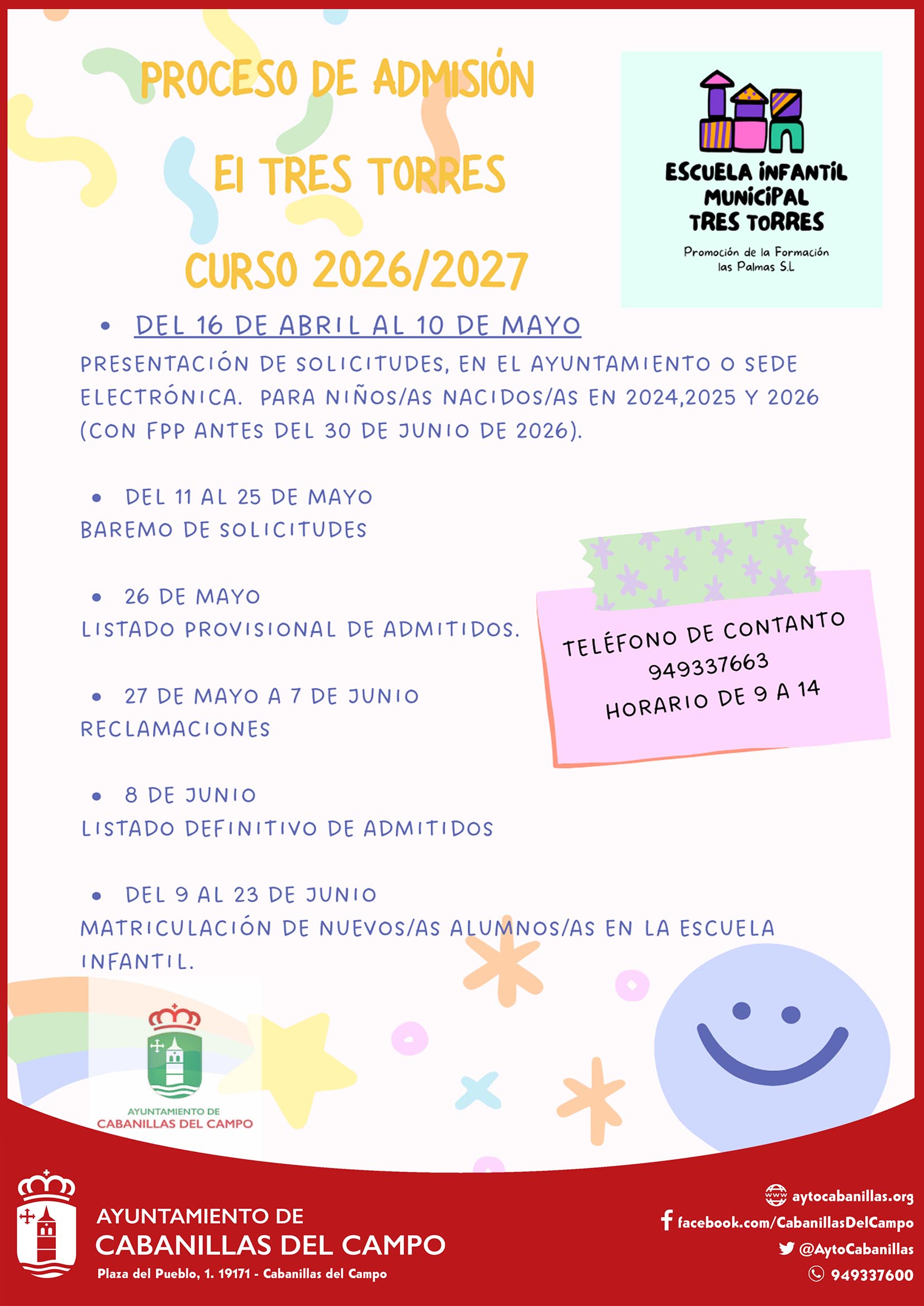 Abierto el plazo de matrícula para la Escuela Infantil Municipal de Cabanillas del Campo para el curso 2026-2027