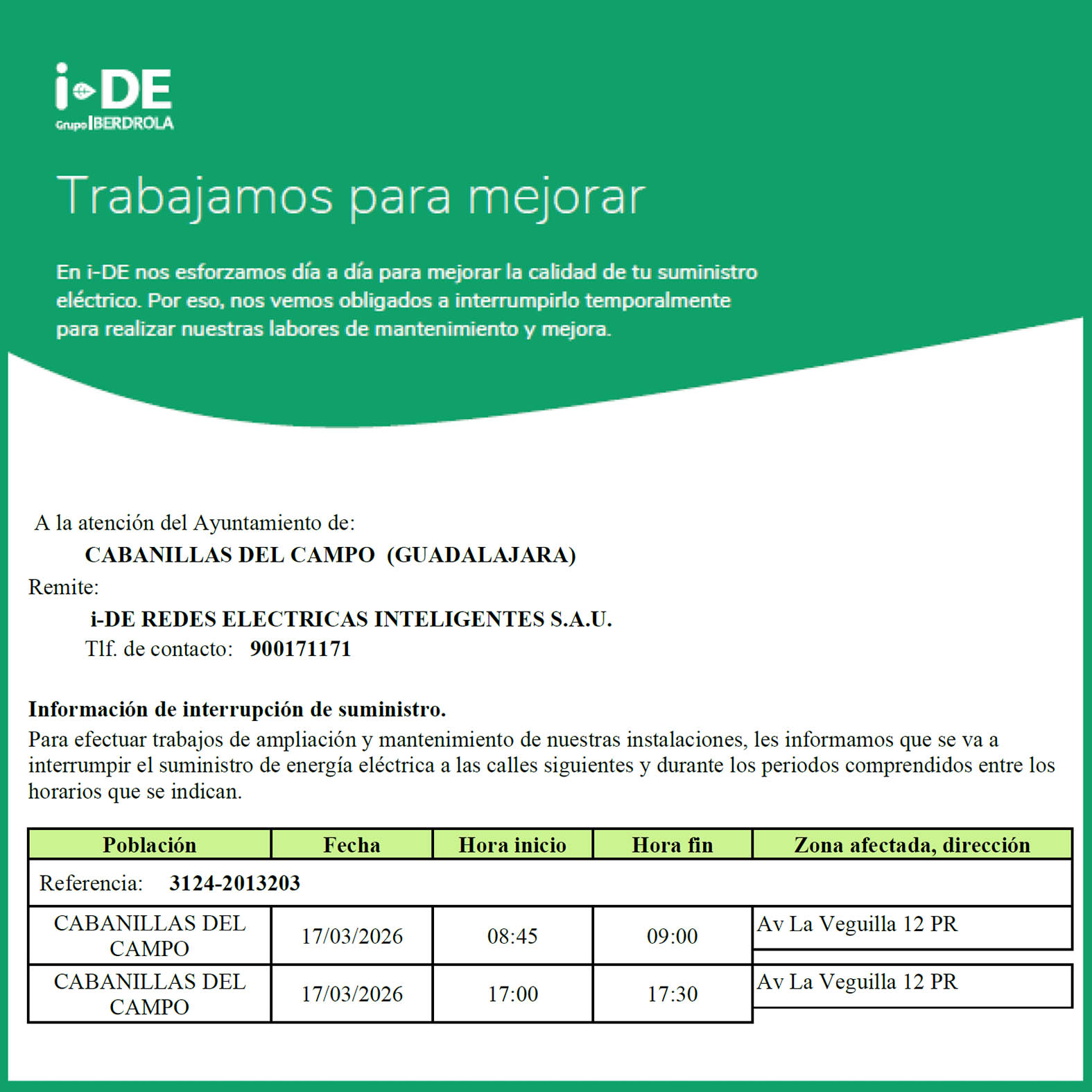 Corte Programado de Luz en el Polígono SI-20 de Cabanillas del Campo el 17 de Marzo
