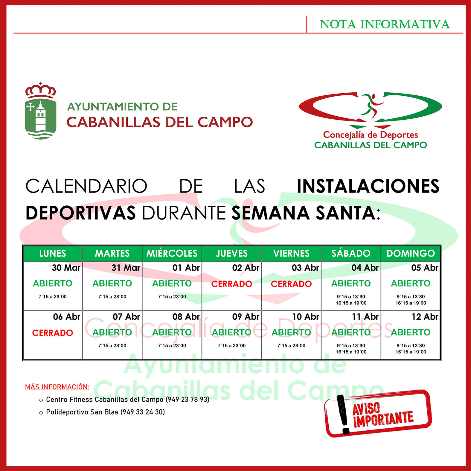 Horario de las Instalaciones Deportivas de Cabanillas del Campo para Semana Santa
