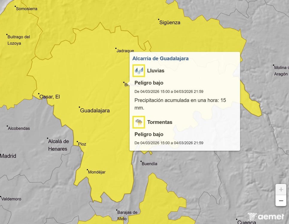 Aviso amarillo por tormentas en Cabanillas del Campo para el miércoles 4 de marzo