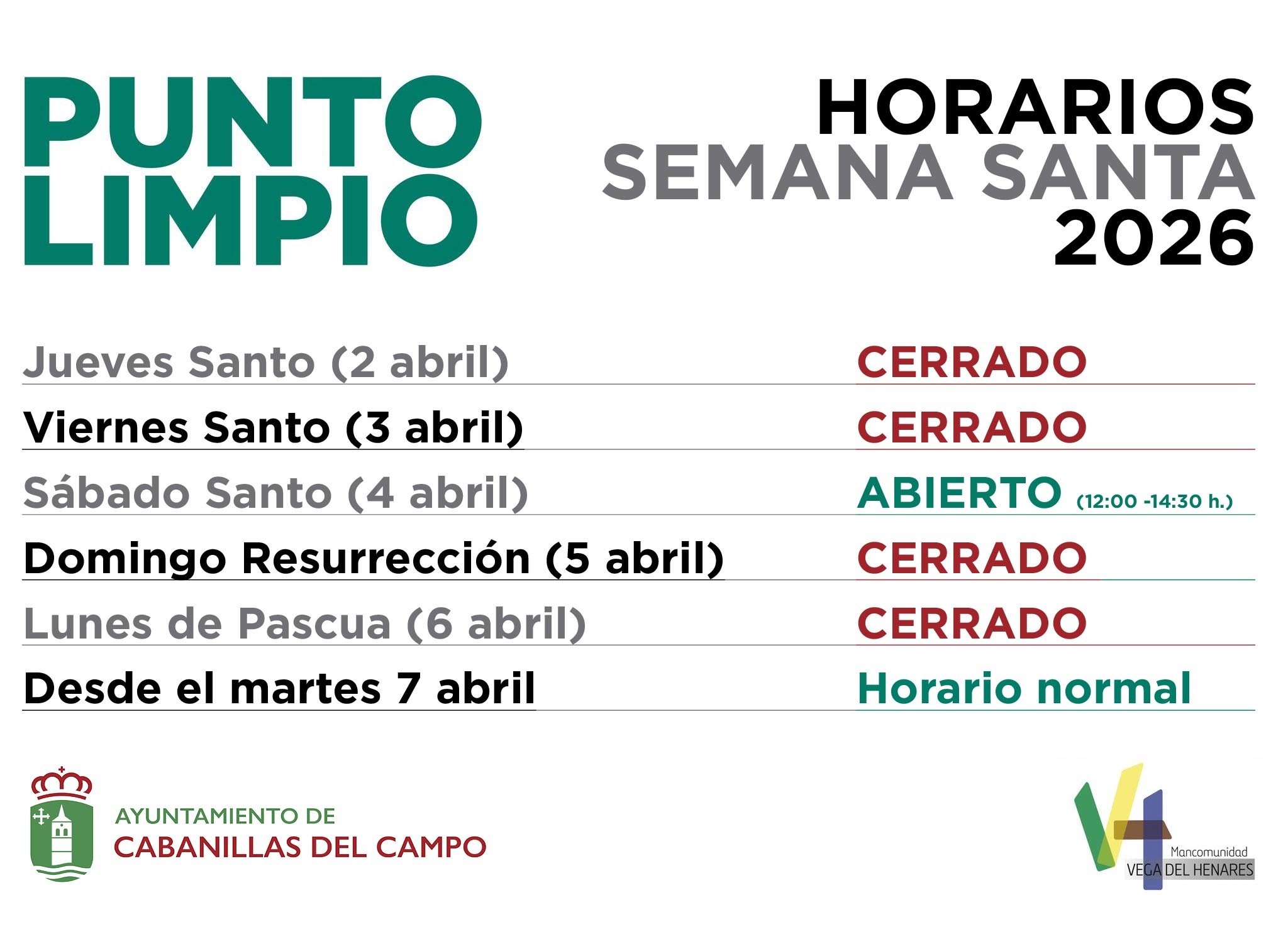 Horario especial del Punto Limpio en Cabanillas del Campo durante Semana Santa