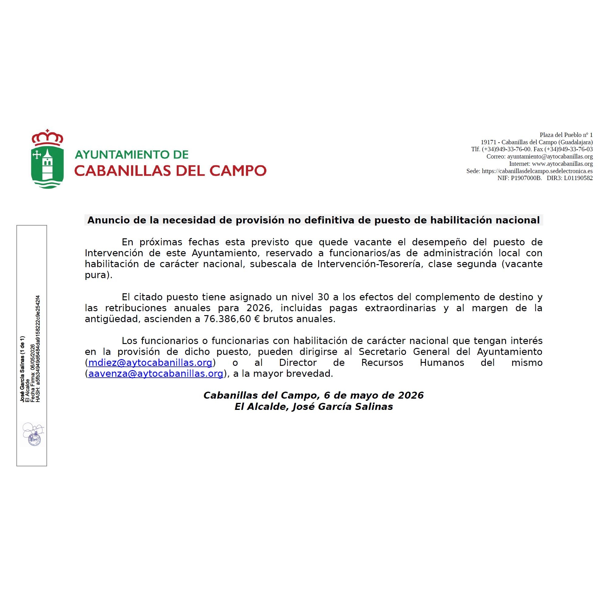 Ayuntamiento de Cabanillas del Campo convoca la provisión de un puesto de Intervención
